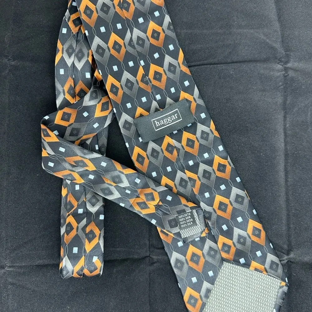 Haggar 100% Silk Black, Orange & Silver Diamonds Tie